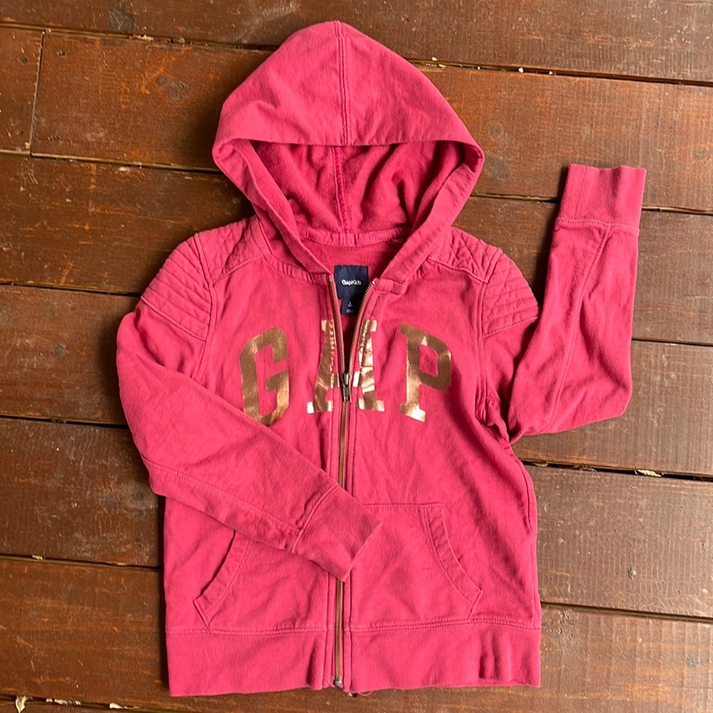 Girls Gap size 10 full zip faded red with gold lettering hooded sweatshirt